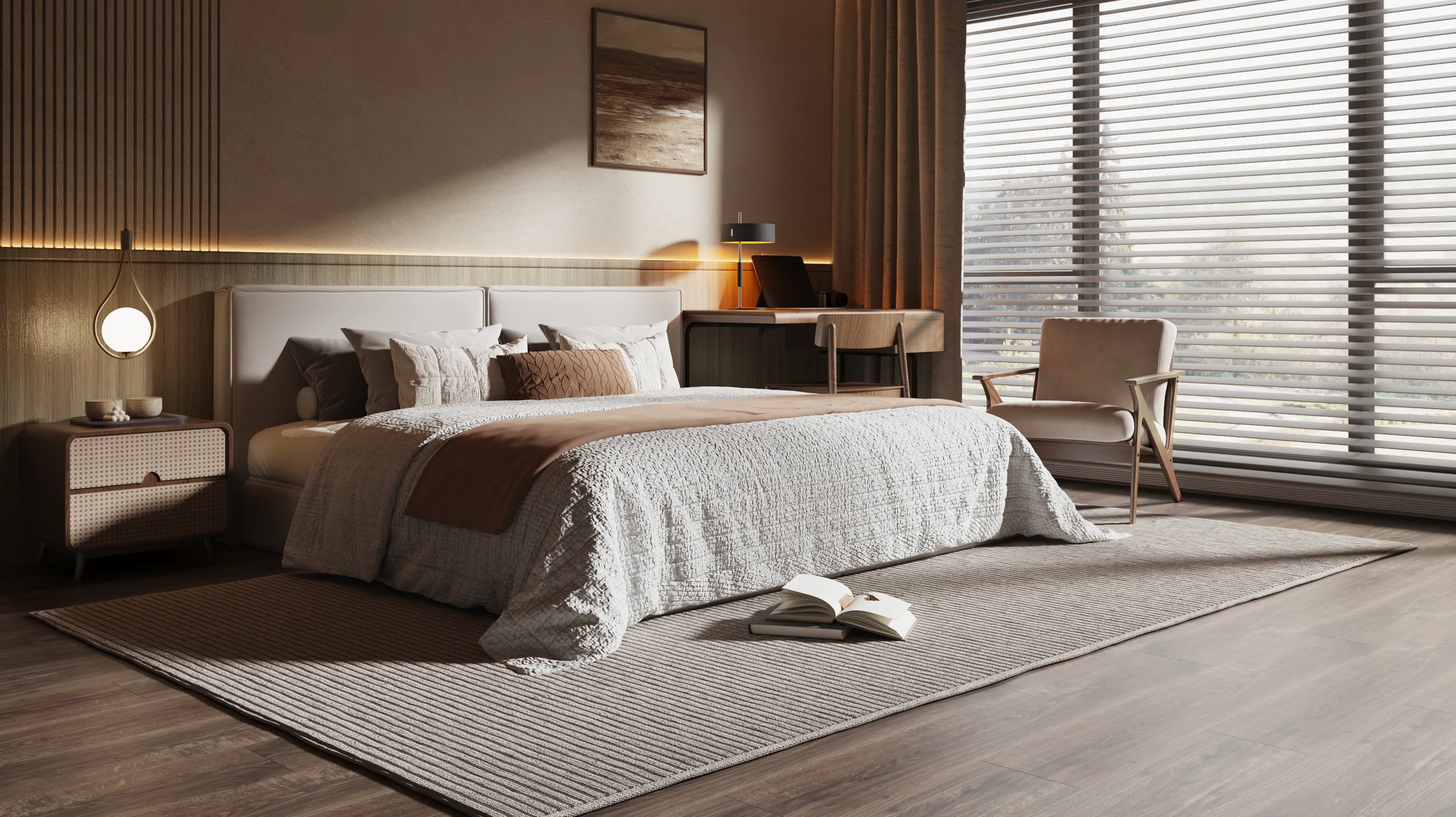 Bedroom laid in dark wood-look SPC plank flooring, running wall to wall beneath a low bed and rug