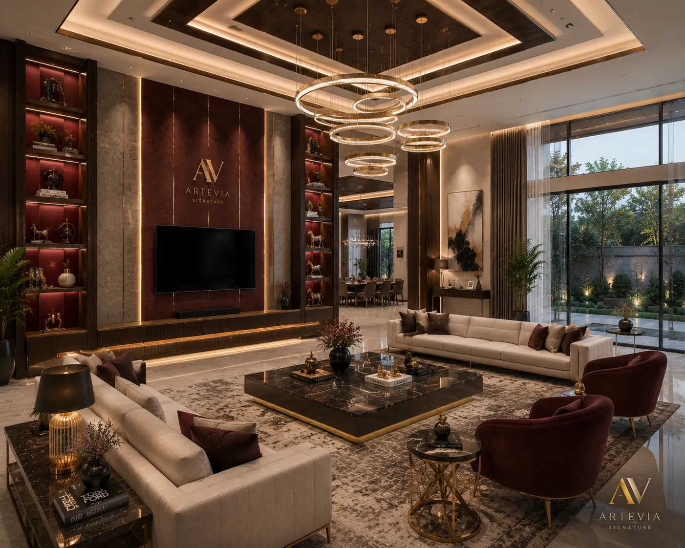 Double-height Artevia Signature living room with burgundy suede feature wall