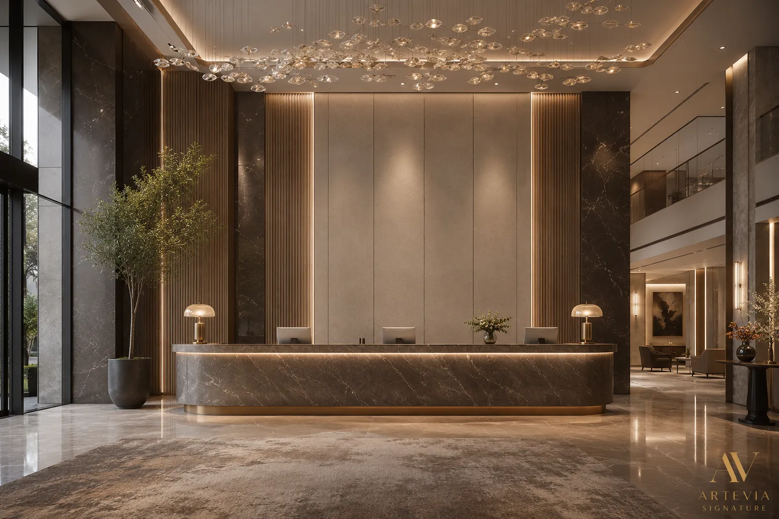 Double-height hotel reception with fabric panels and gold fluted piers